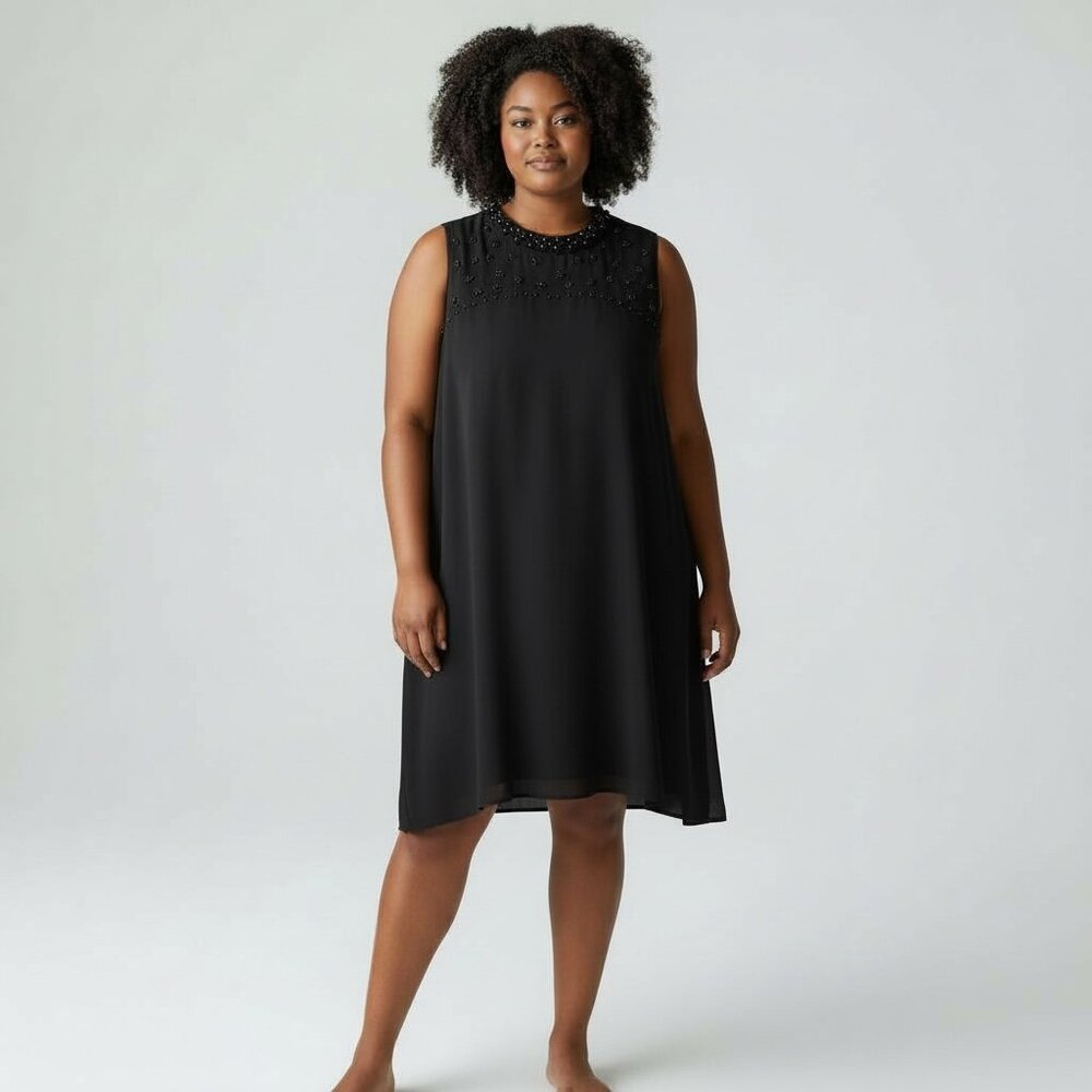 Artisan Sleeveless High Neck Black Dress with Beaded Collar Design | Size 3X